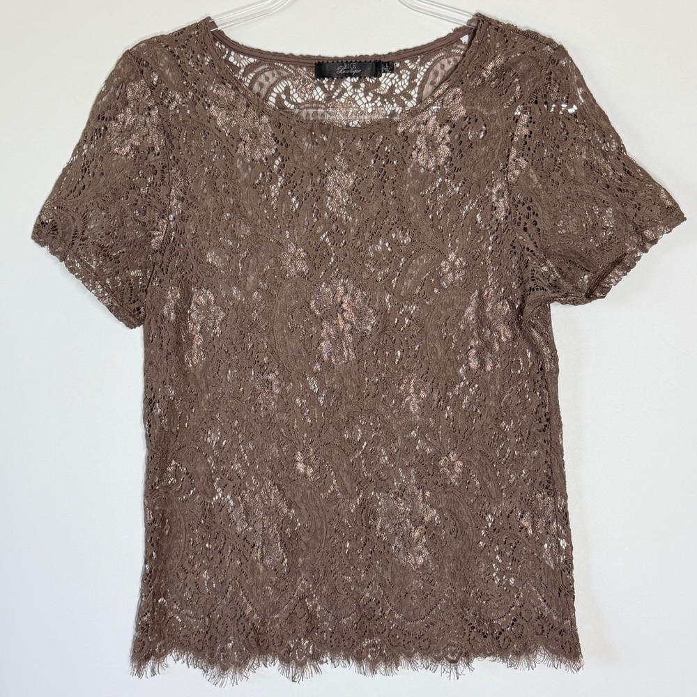BKE Boutique Brown Lace Short Sleeve Sheer Top BTQM46071 Womens Large Boho Chic - Picture 5 of 9